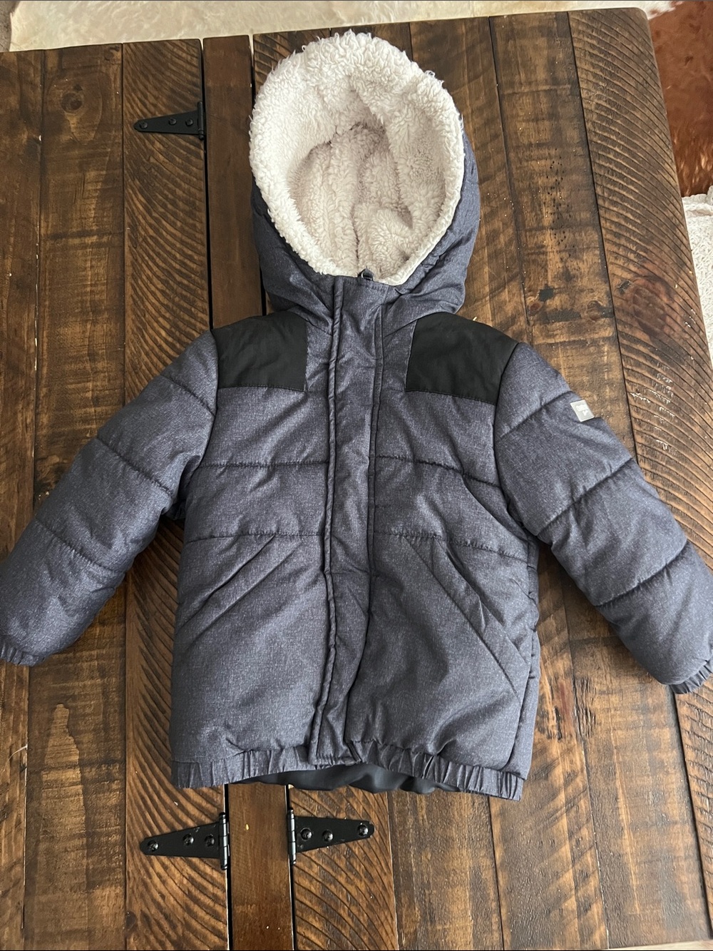 OshKosh B'gosh Gray & Black Puffer Jacket with Sherpa Lined Hood